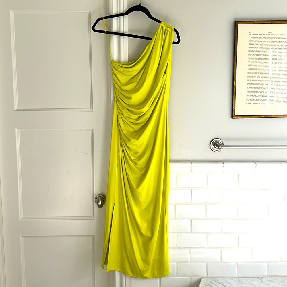 Zara One-Shoulder Draped Dress in Bright Lime